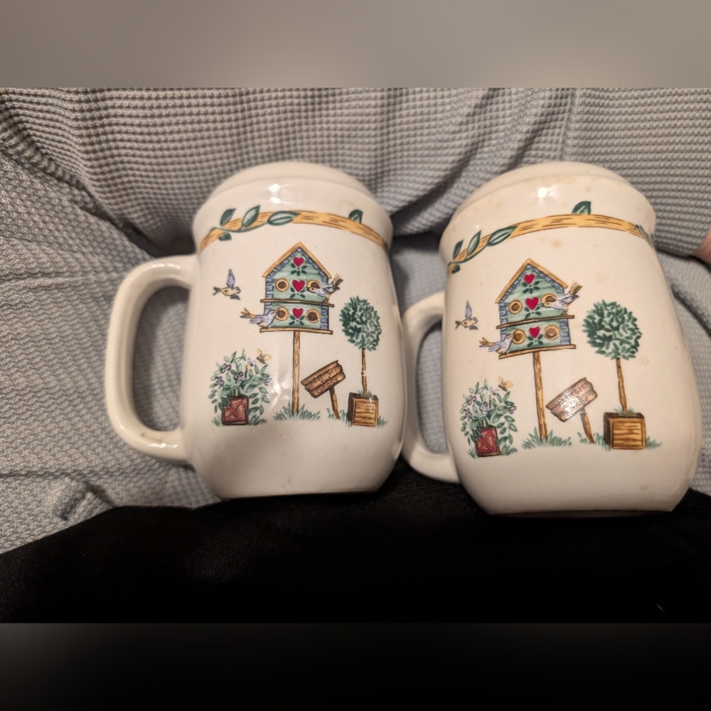 Thomson Pottery Salt & Pepper Shakers Birdhouse Birds Plants Pattern 4.5" Big